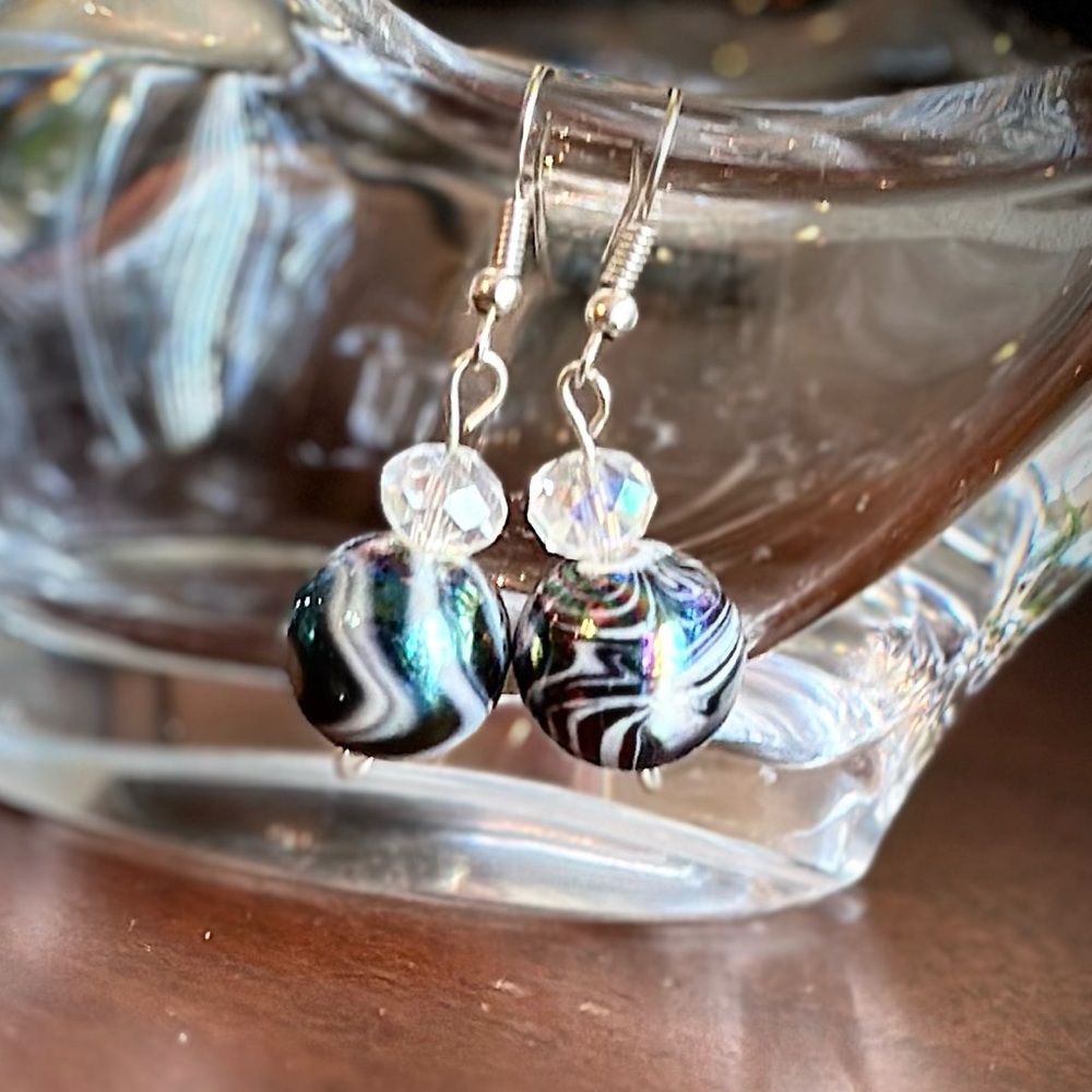 Ball,earrings, short and dangling quality materials hand made black/multicolor